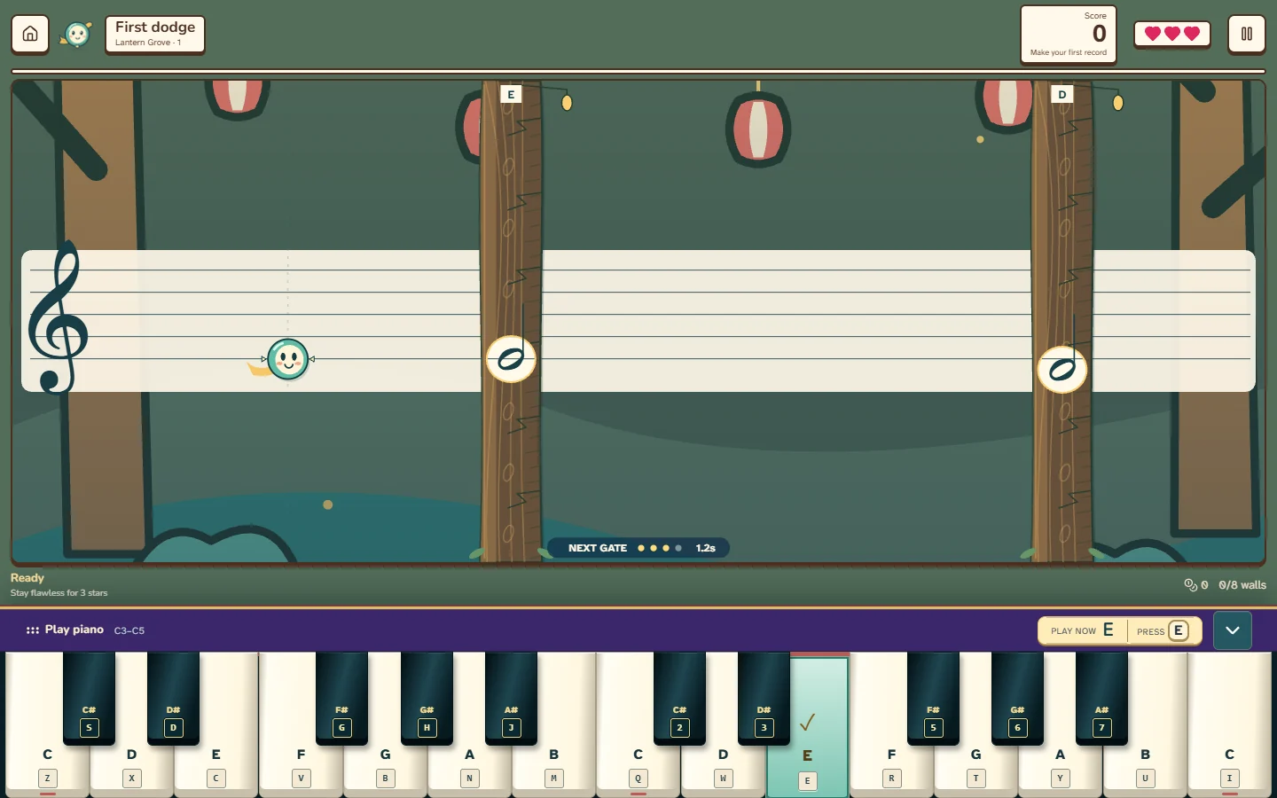 Dot moving through musical gates in Note Dodger.