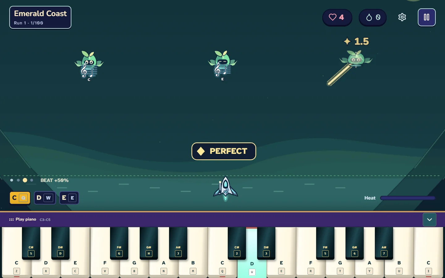 Sound Invaders gameplay with enemies and the on-screen piano.