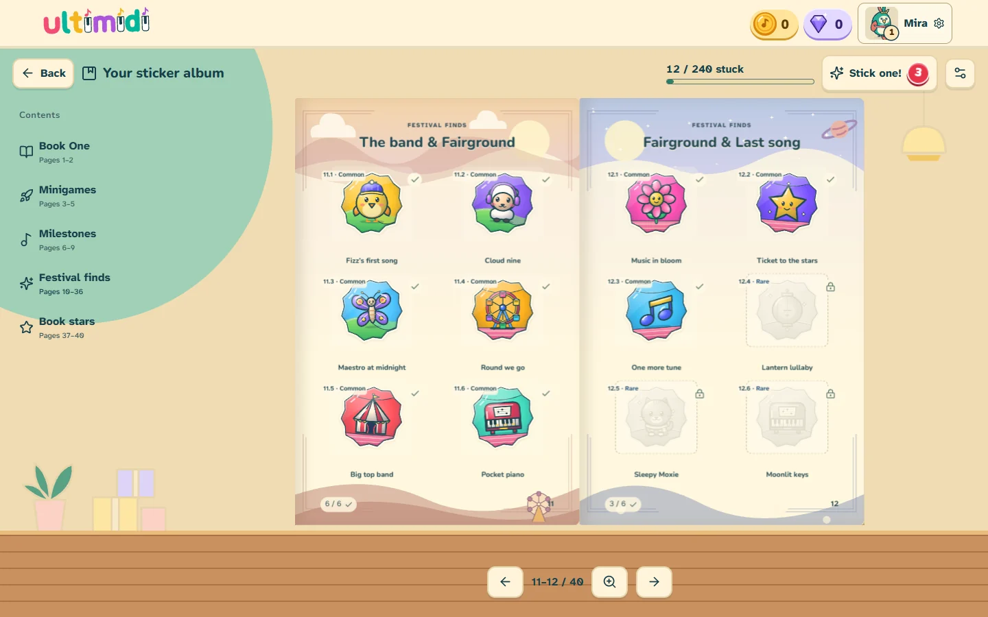 An open Ultimidi sticker album with colourful collected stickers.