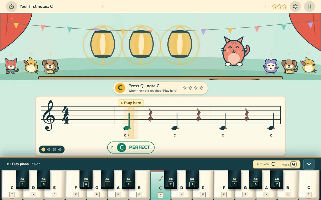 Ultimidi’s first lesson, with the target note and the screen piano visible.