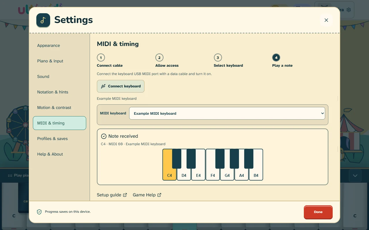 MIDI Settings showing Note received and a highlighted C key.