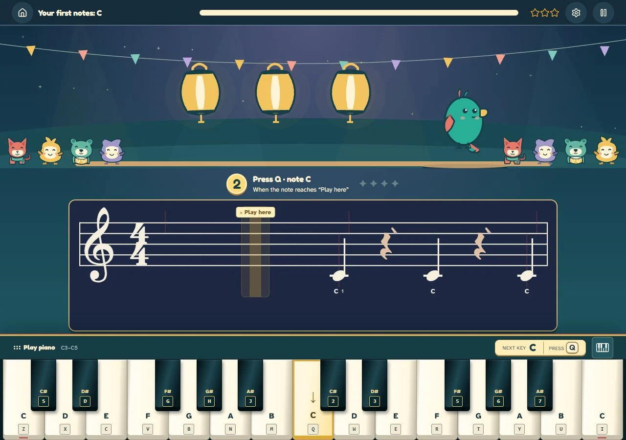 Ultimidi's first C-note lesson shows the staff, the highlighted C key and the Q typing-key label.