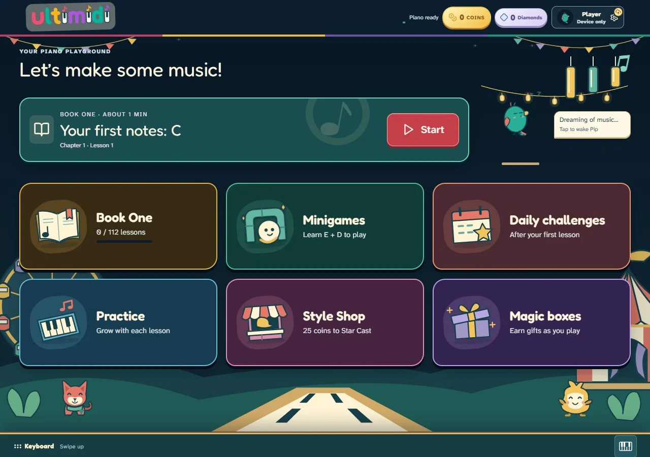 Ultimidi home with the next lesson, Pip and activities that become available as you progress.